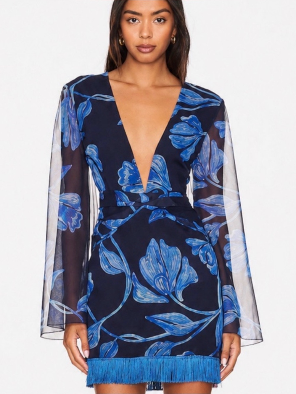 Navy Blue Floral Plunge Dress with Fringe Hem.. flaw** read !
